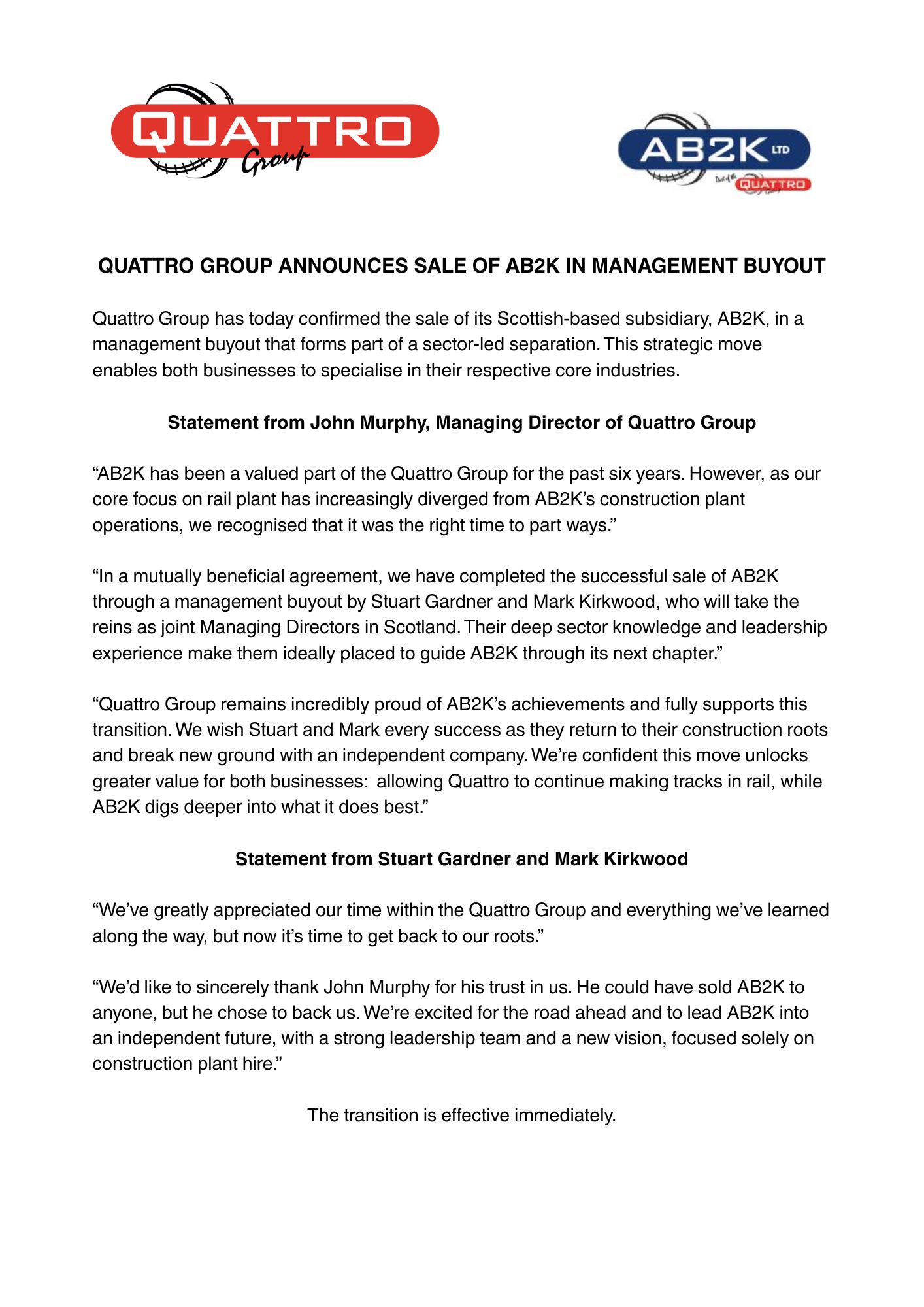 Quattro Group announces sale of AB2K in management buyout